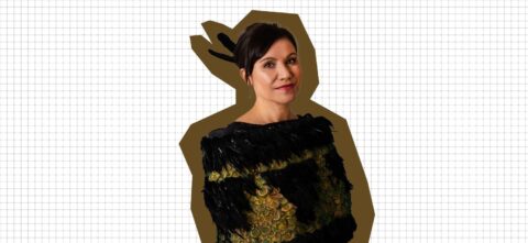 Stacey Morrison wearing korowai on a lined background