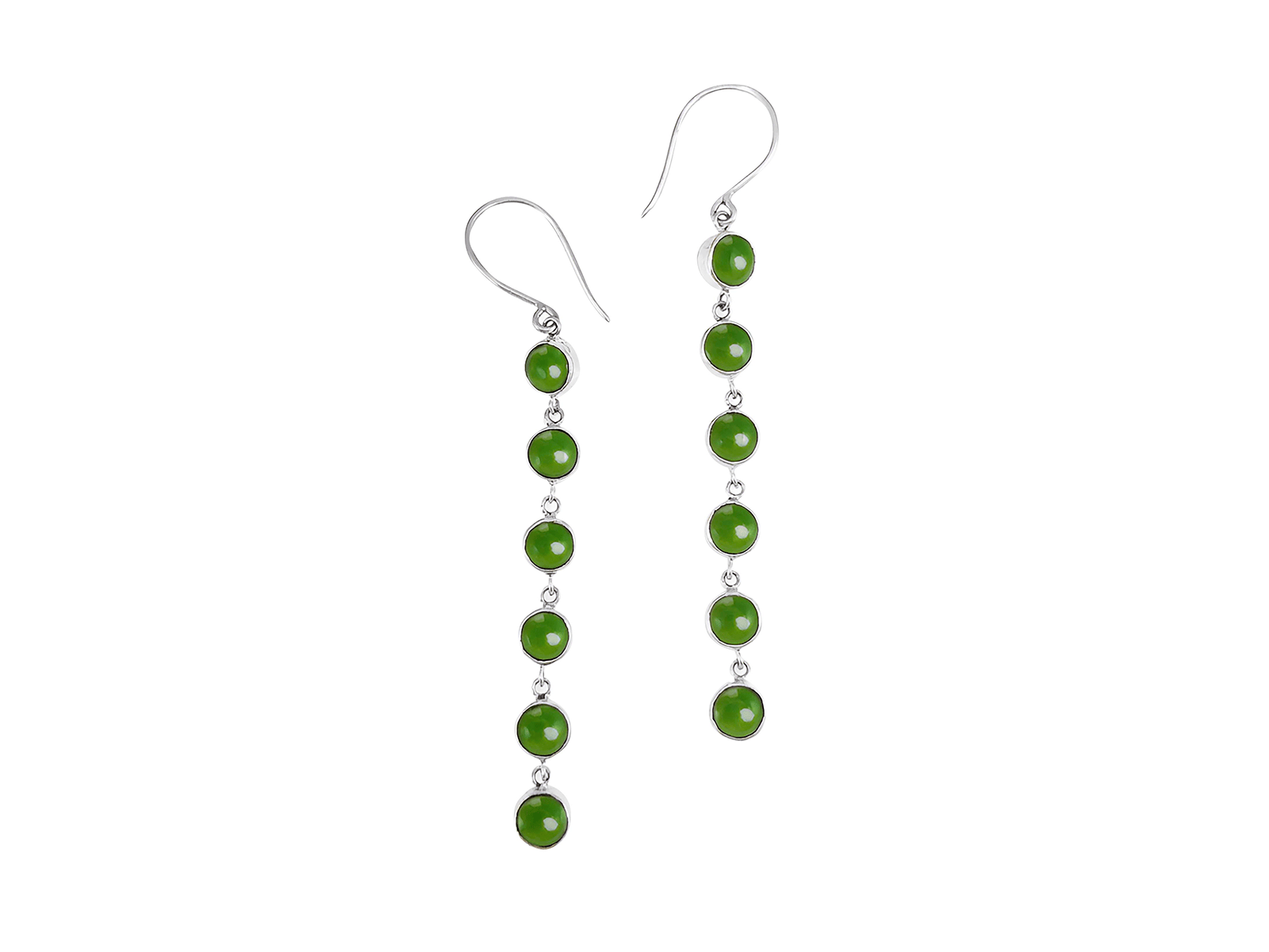 Nick Von K Pounamu Babylon Earrings with greenstone beads and hung on silver hanging hooks