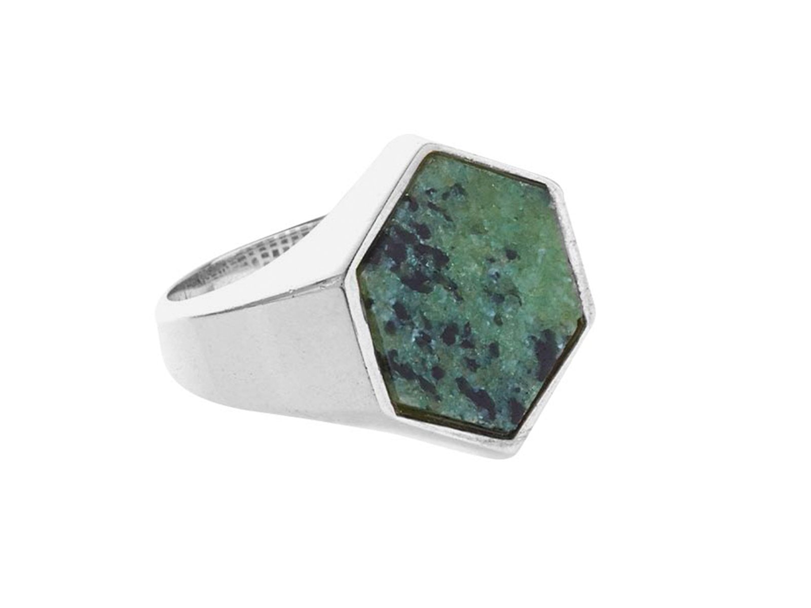 Stolen Girlfriends Club Serpent Society ring with a geometric silver shape and jade stone