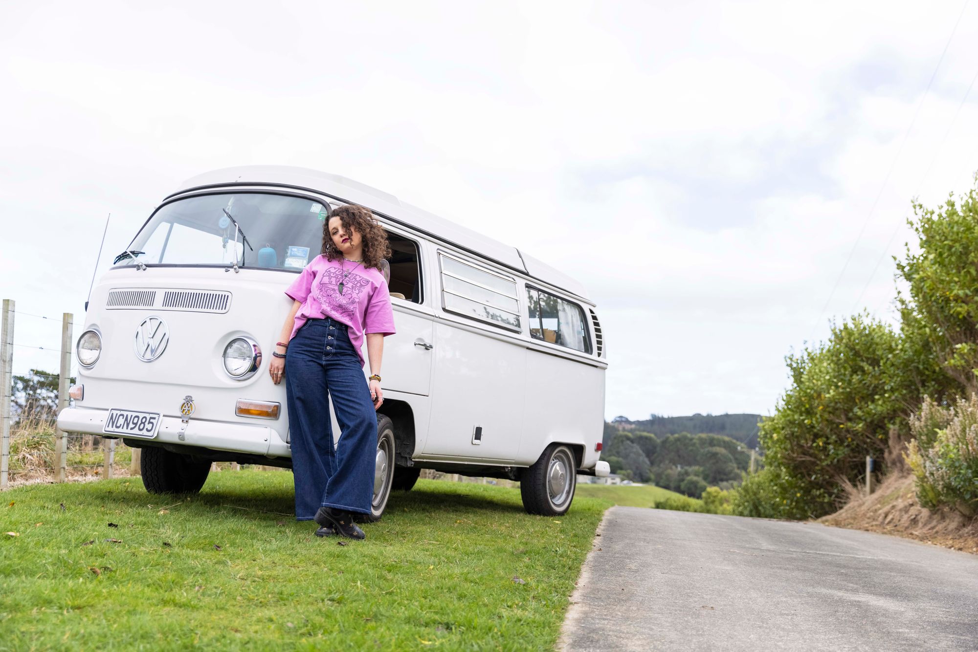 Stefania LaVie Owen and a kombi photographed by Luke Harvey of the Waitapu Group