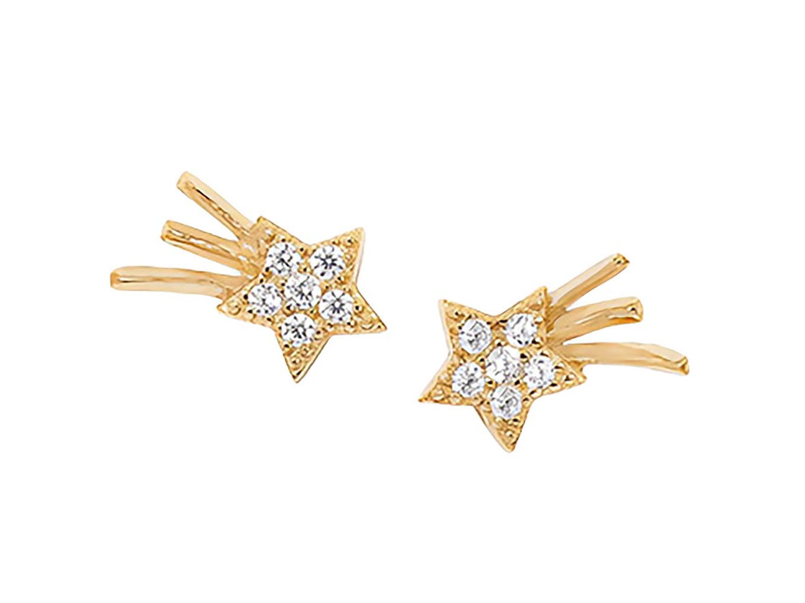 Gold stud earrings shaped like shooting stars embedded with diamonds by Adornmonde 