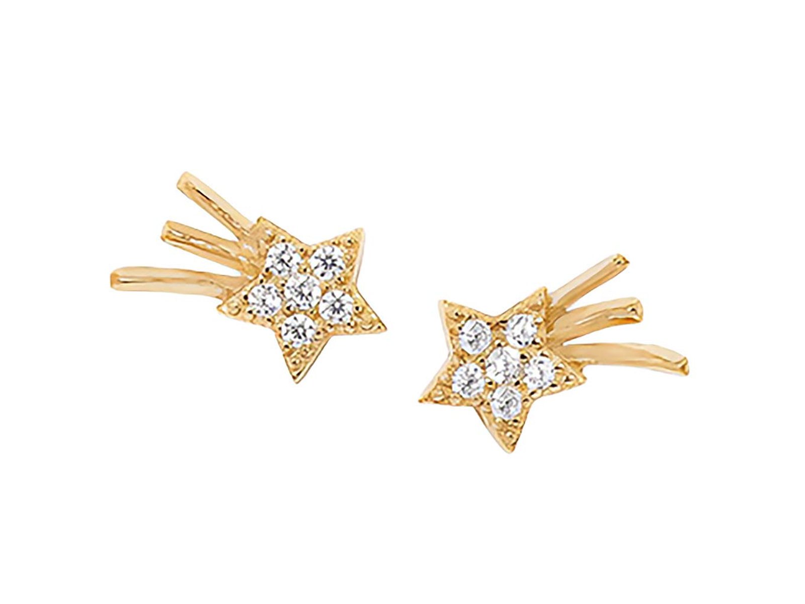 Gold stud earrings shaped like shooting stars embedded with diamonds by Adornmonde