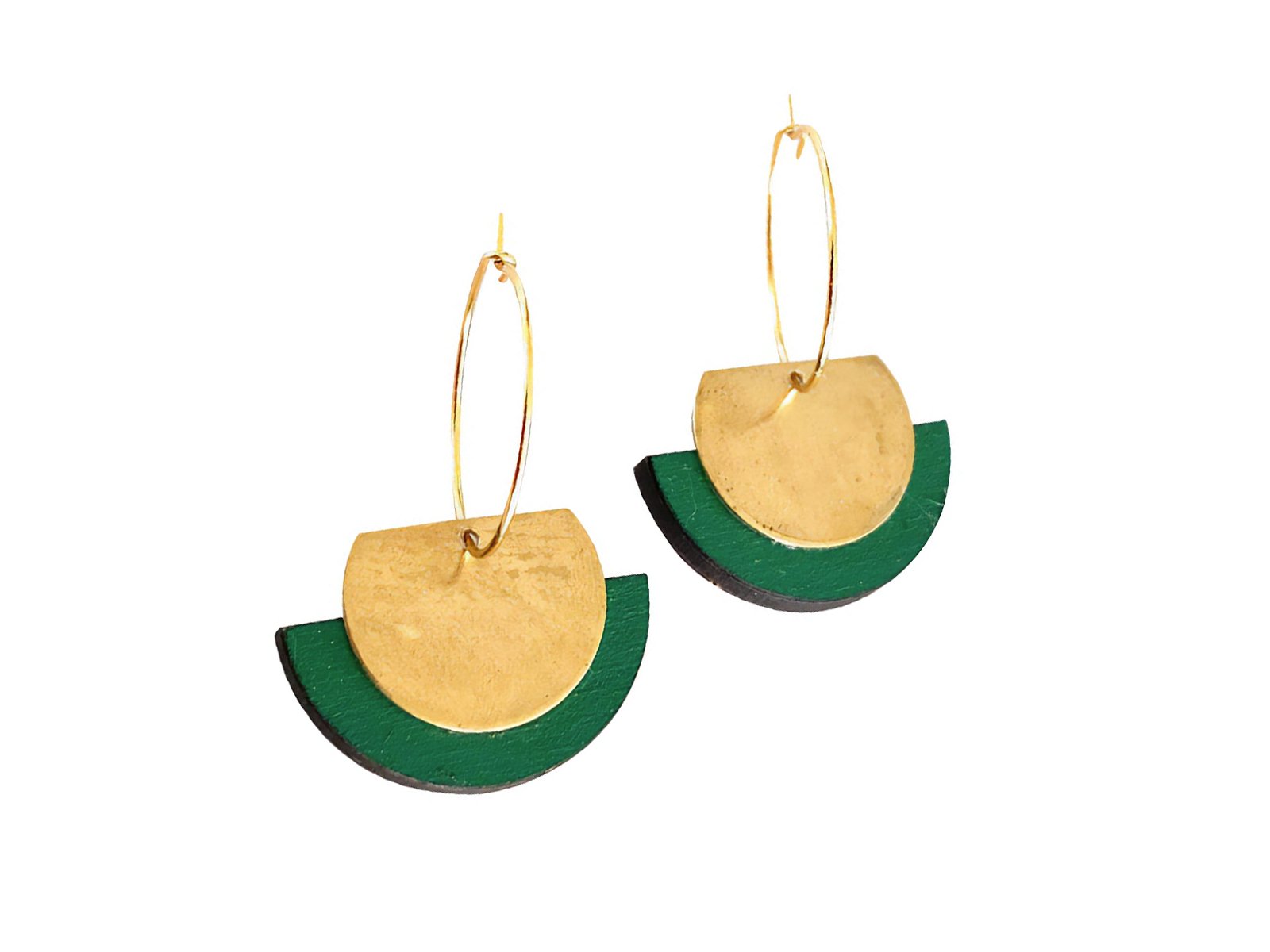 Round rimu wood and gold and green earrings 