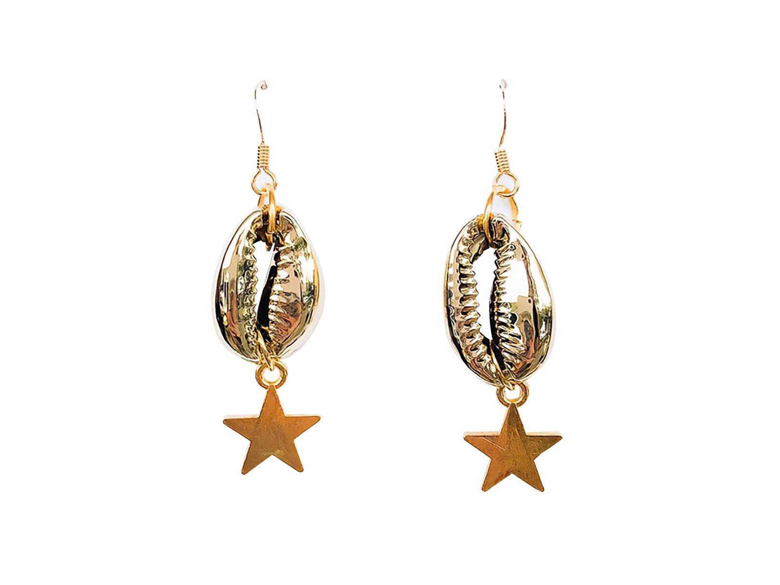 Gold hook earrings with a hanging sea shell and star pendants