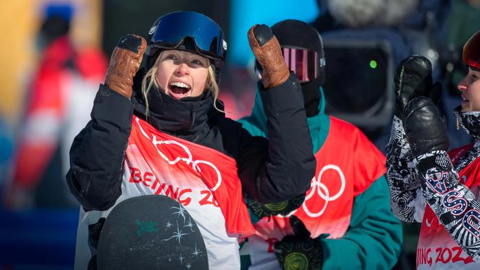 Zoi Sadowski-Synott looking surprised after winning gold in Beijing