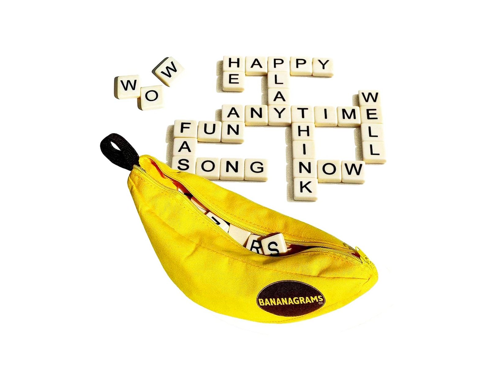 A Bananagrams banana and scrabble boards on a white background