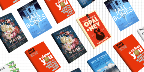 A collage of books on a square patterned background, including Tall Bones by Anna Bailey, A Richer You by Anna Holm and Final Revival of Opal & Nev by Dawnie Walton