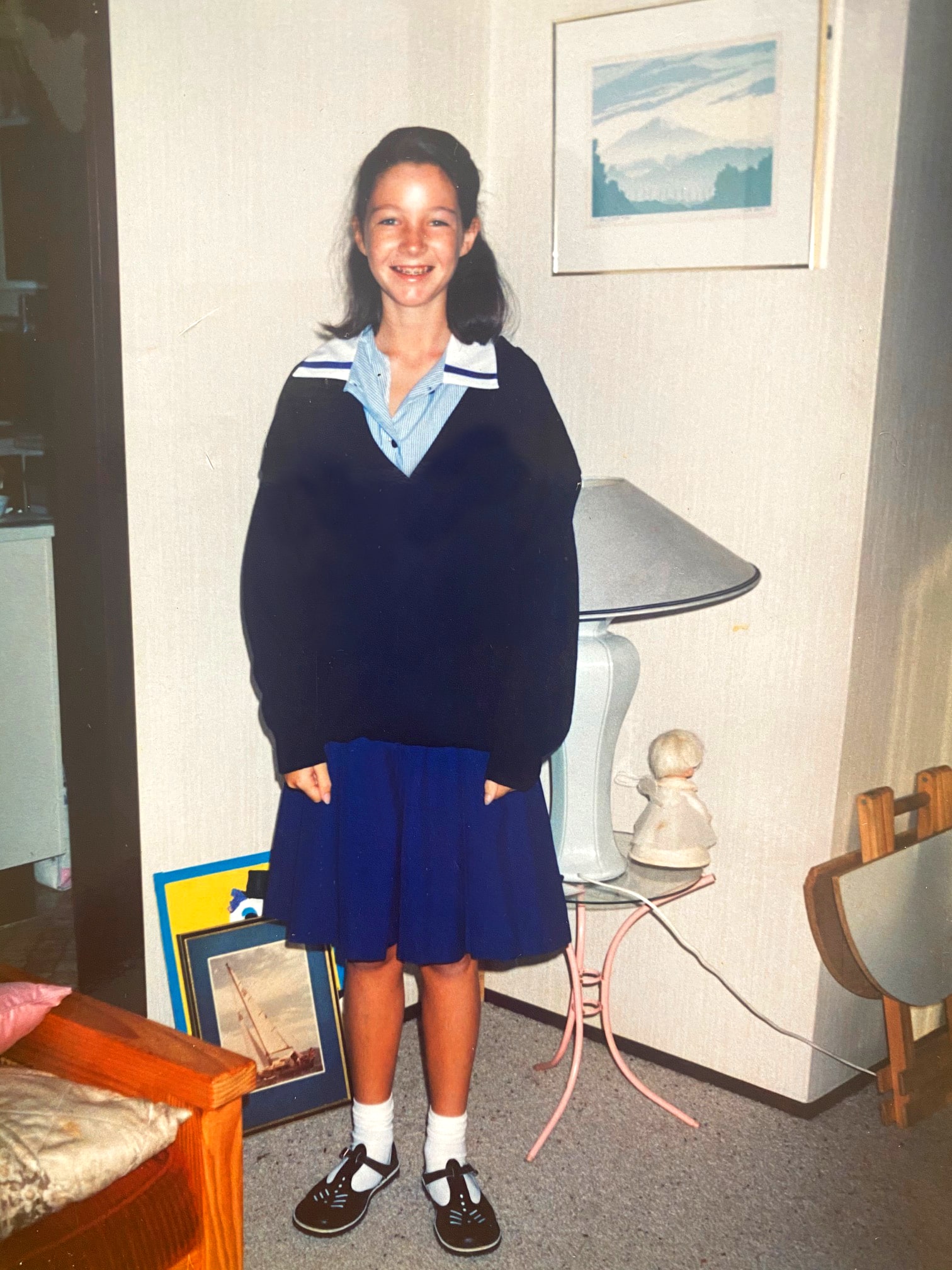 Claire Chitham as a 13 year old wearing her school uniform