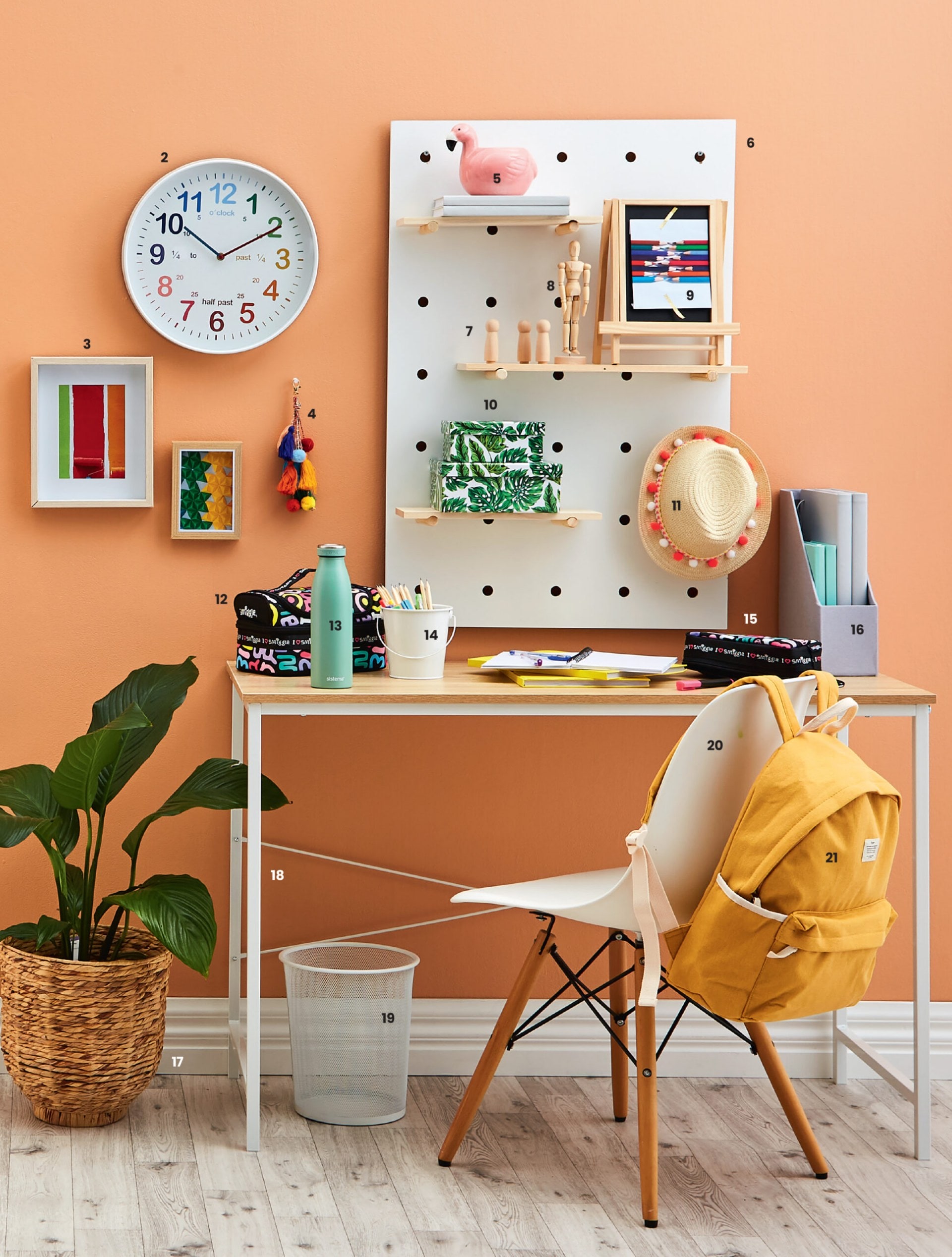Child's bedroom desk with yellow backpack hanging off the back of white chair