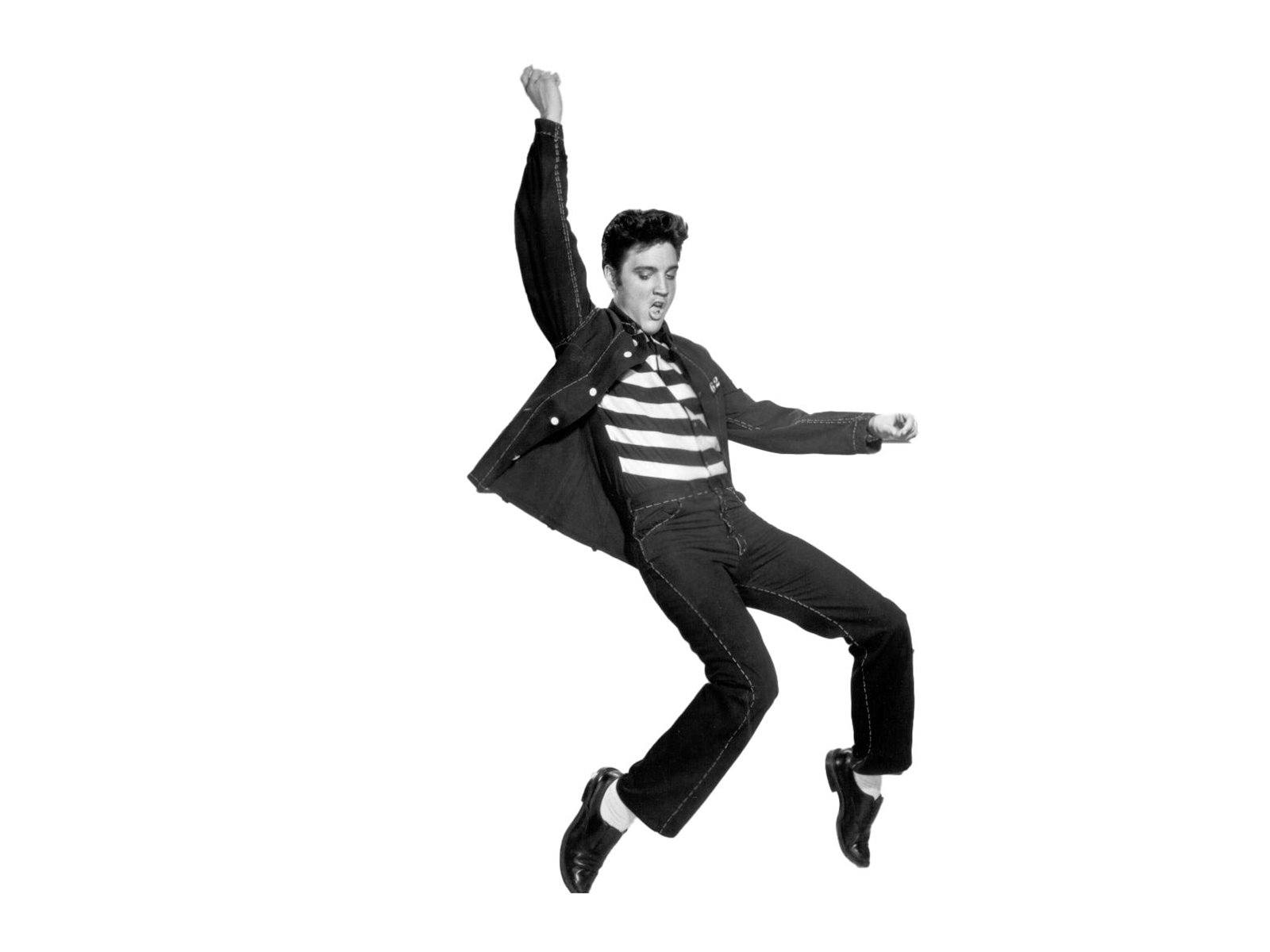 Black and white picture of Elvis in Jajilhouse Rock on a white background