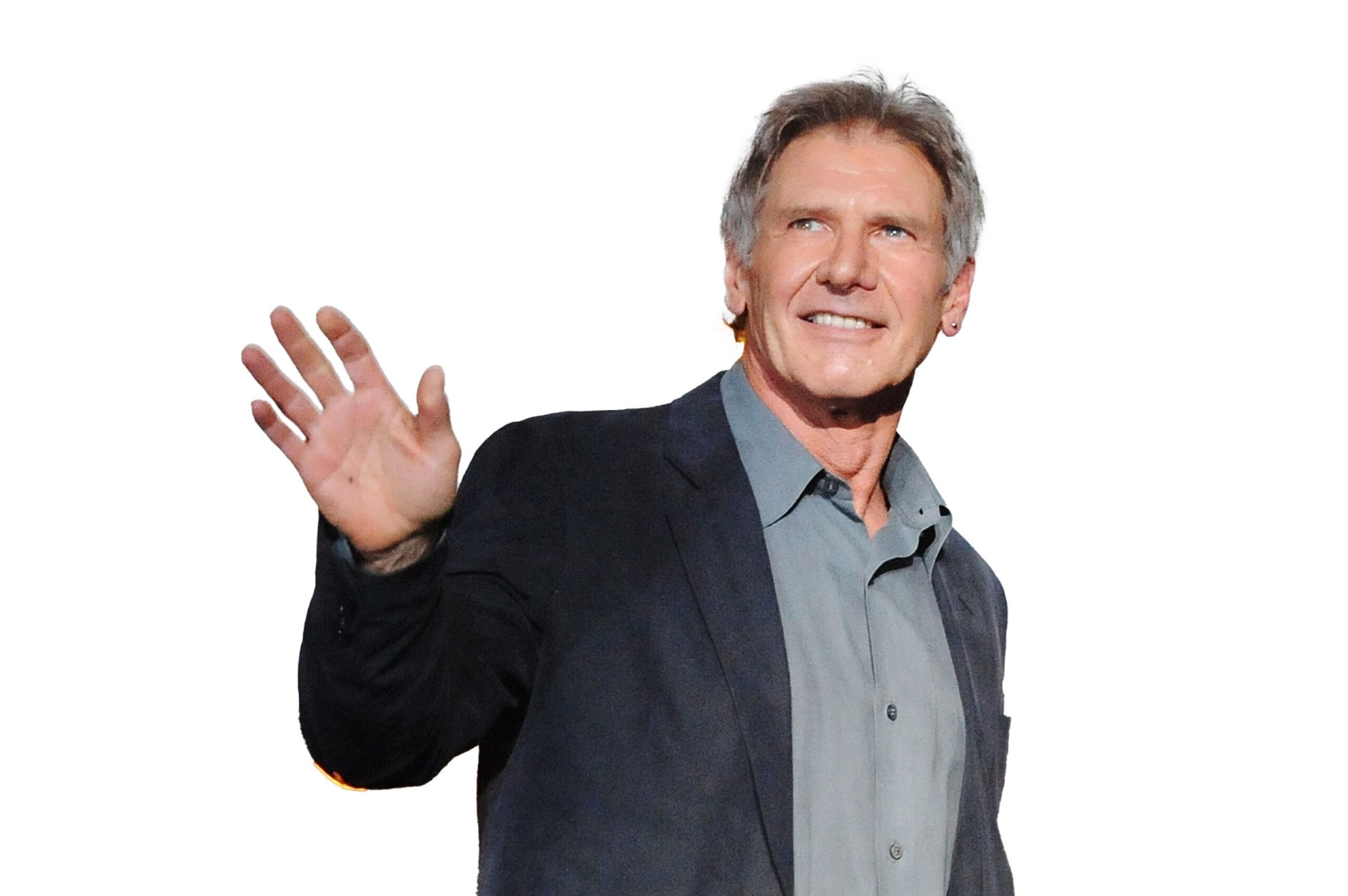 Harrison Ford on white background waving