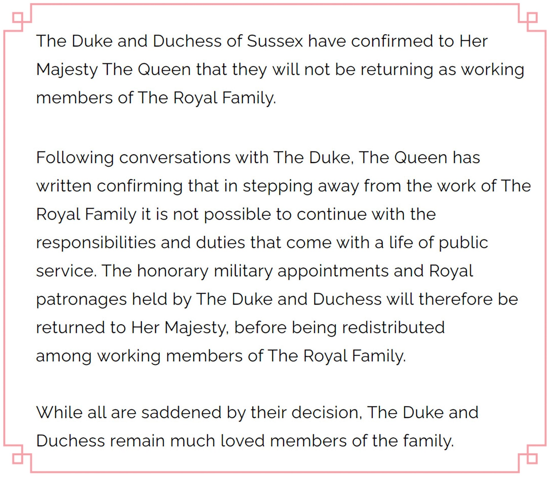 Statement from Buckingham Palace confirming the end of the Sussexes’ royal commitments.