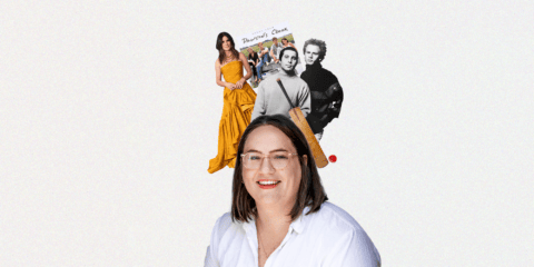Alice Snedden on a grey background surrounded by images of Sandra Bullock, Simon and Garfunkel, a cricket bat and a Dawson's Creek poster