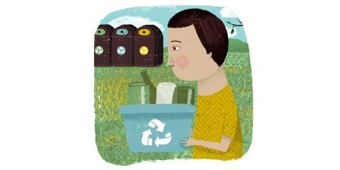 Illustration of recycling being taken out to bins by person