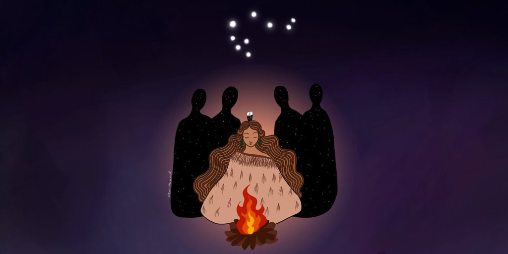 An illustration by Māori Mermaid of a Māori wearing a brown korowai and sitting in front of a fire and Matariki stars in the sky