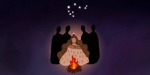 An illustration by Māori Mermaid of a Māori wearing a brown korowai and sitting in front of a fire and Matariki stars in the sky