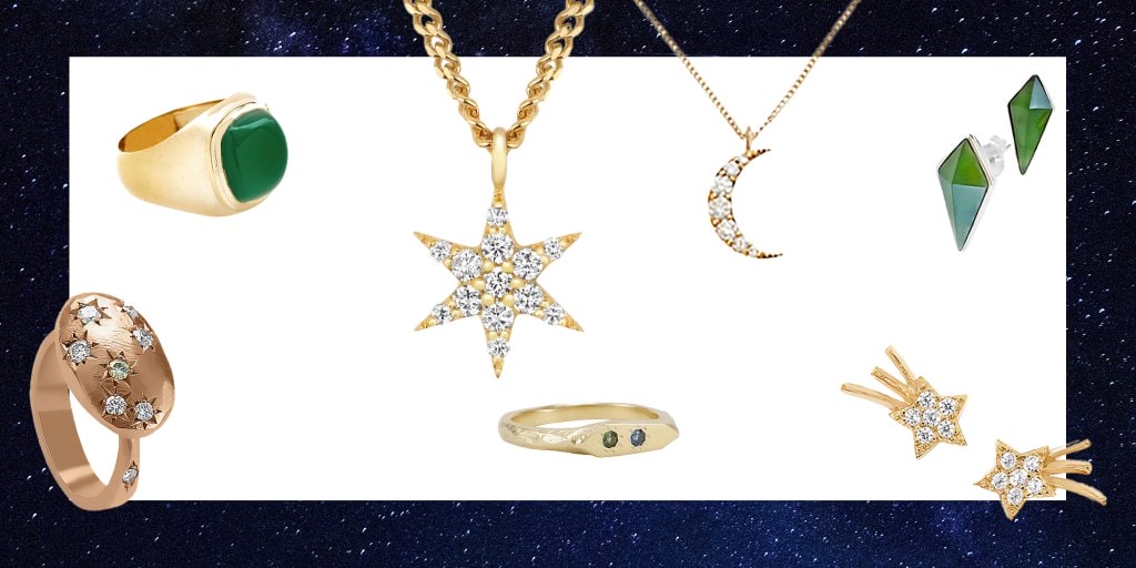 An assortment of Matariki style celestial and greenstone pounamu jewellery against a starry background