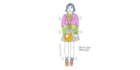 Illustration of a girl wearing assorted fashion with the caption The Op Shop Paper Doll next to it