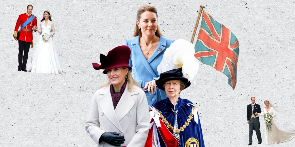 A collage of Kate Middleton, Sophie Wessex and Princess Anne with an illustration of a Union Jack flag