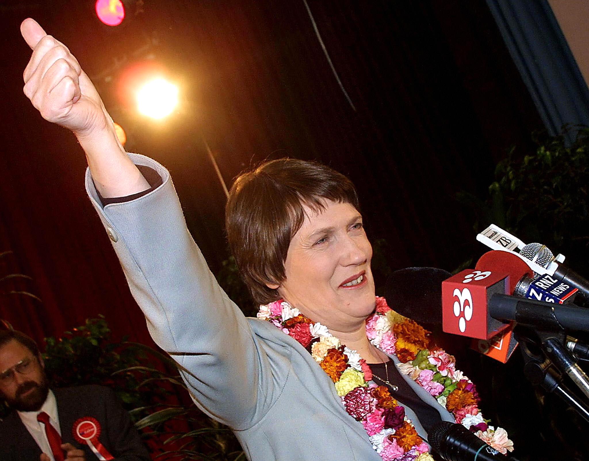 Helen Clark celebrating second-term win as New Zealand prime minister in 2002