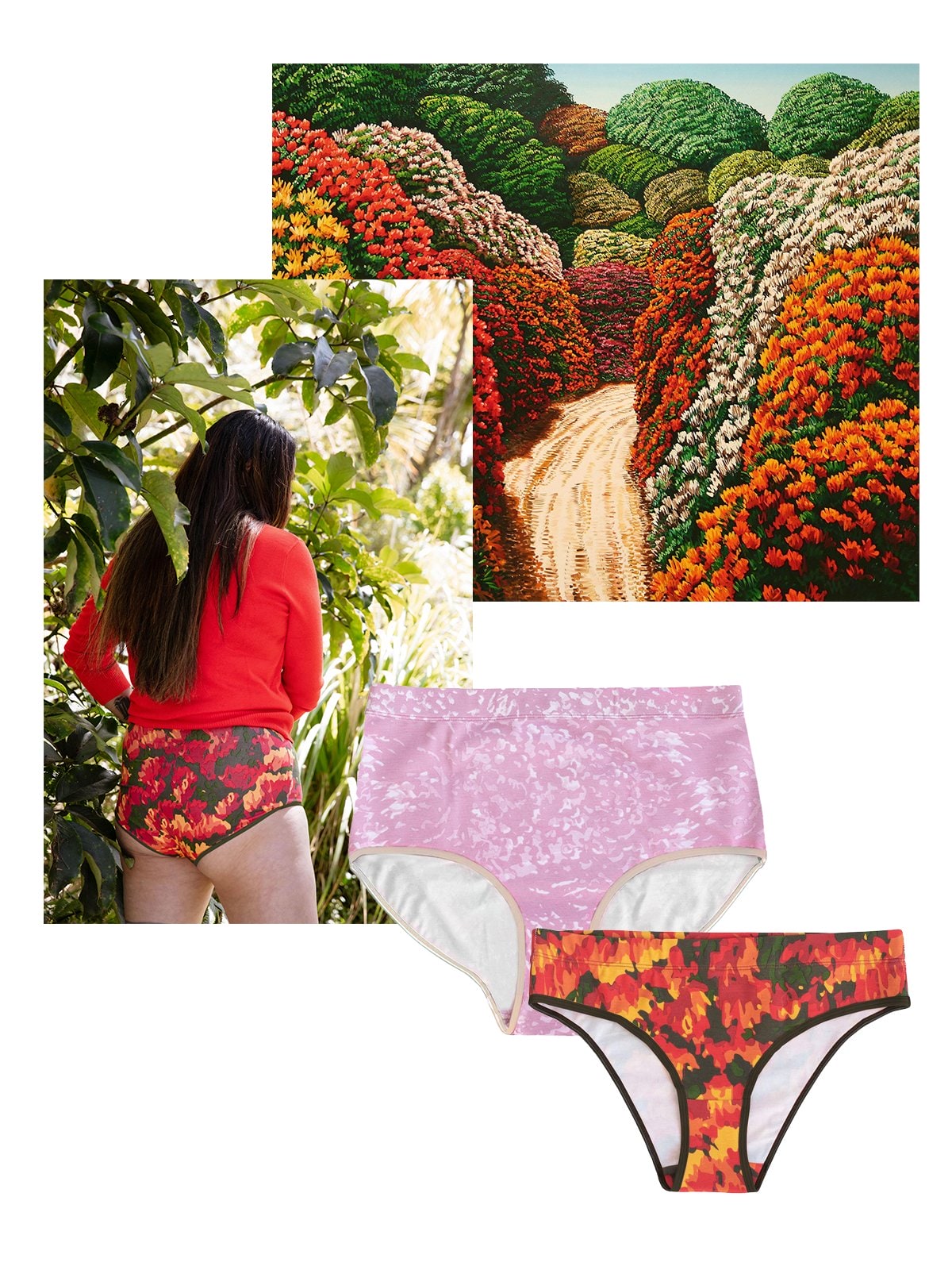A collage of a floral painting by artist by Karl Maughan, a woman wearing Robyn's Undies knickers and two Robyn's Undies colours