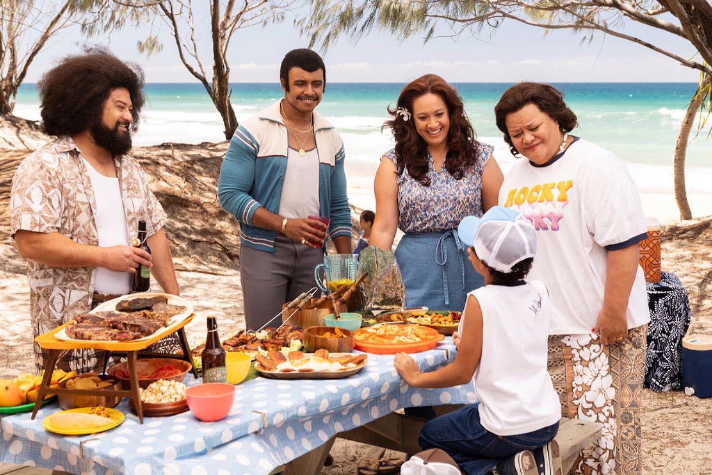 Stacey Leilua, Ana Tuisila and Joseph Lee Anderson on a scene at the beach on Young Rock