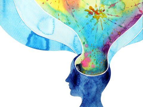 Illustration of person thinking in a rainbow bubble