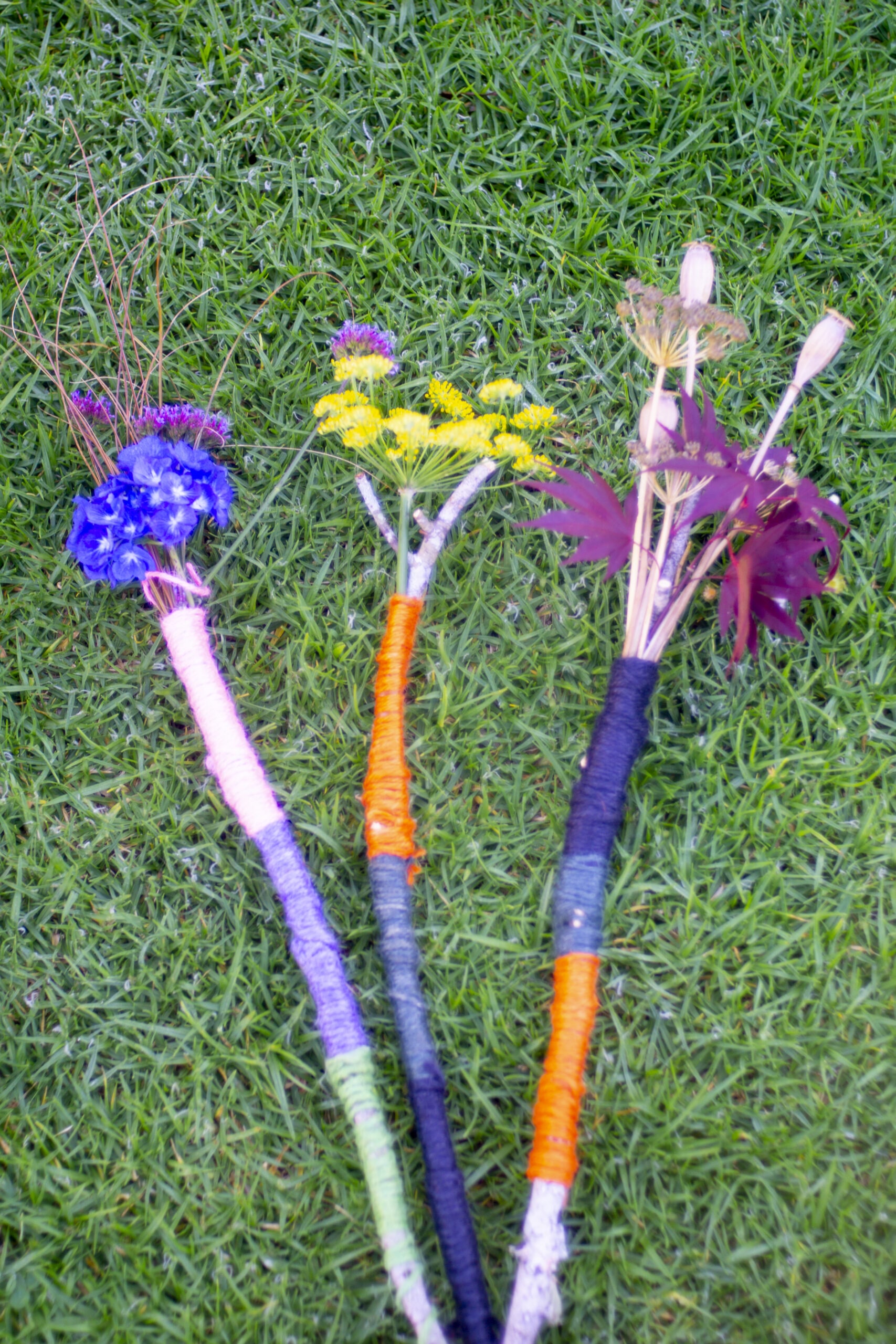 Nature wands lying on the grass 