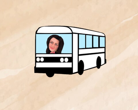 Illustration of Polly Gillespie on the bus