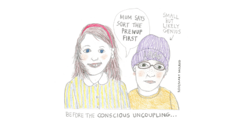Illustration by Rosemary McLeod of a young girl saying Mum says sort the prenup first and young boy with an arrow pointing at him and words saying Small but unlikely genius