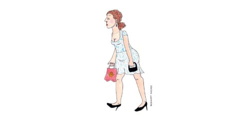 Illustration by Rosemary McLeod of woman walking in high heels