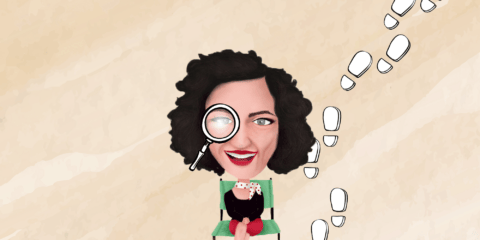 Illustration of Sarah-Kate Lynch with footsteps in the background and a magnifying glass over her eye