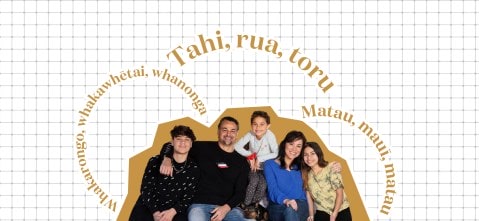 Stacey and Scotty Morrison with their three children on collage grid background with Maori words