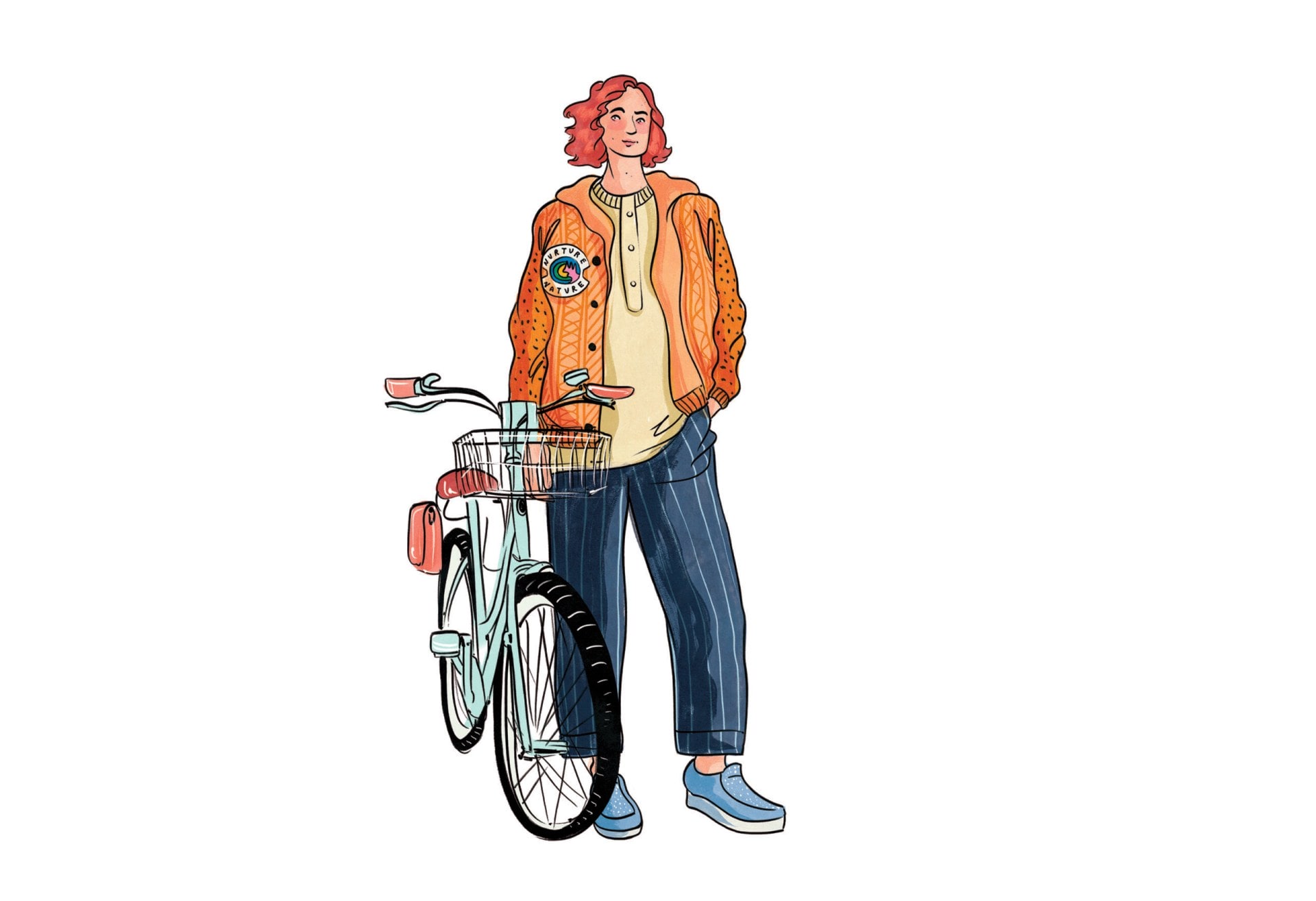 Illustration of a woman with her bike wearing 