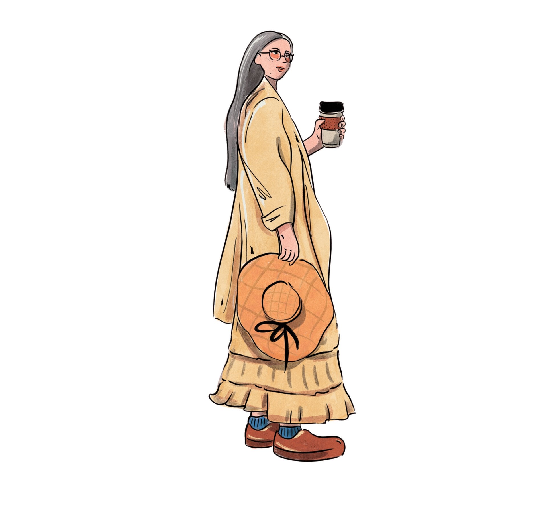 Illustration of a hippy woman wearing long flowing dress holding takeaway coffee