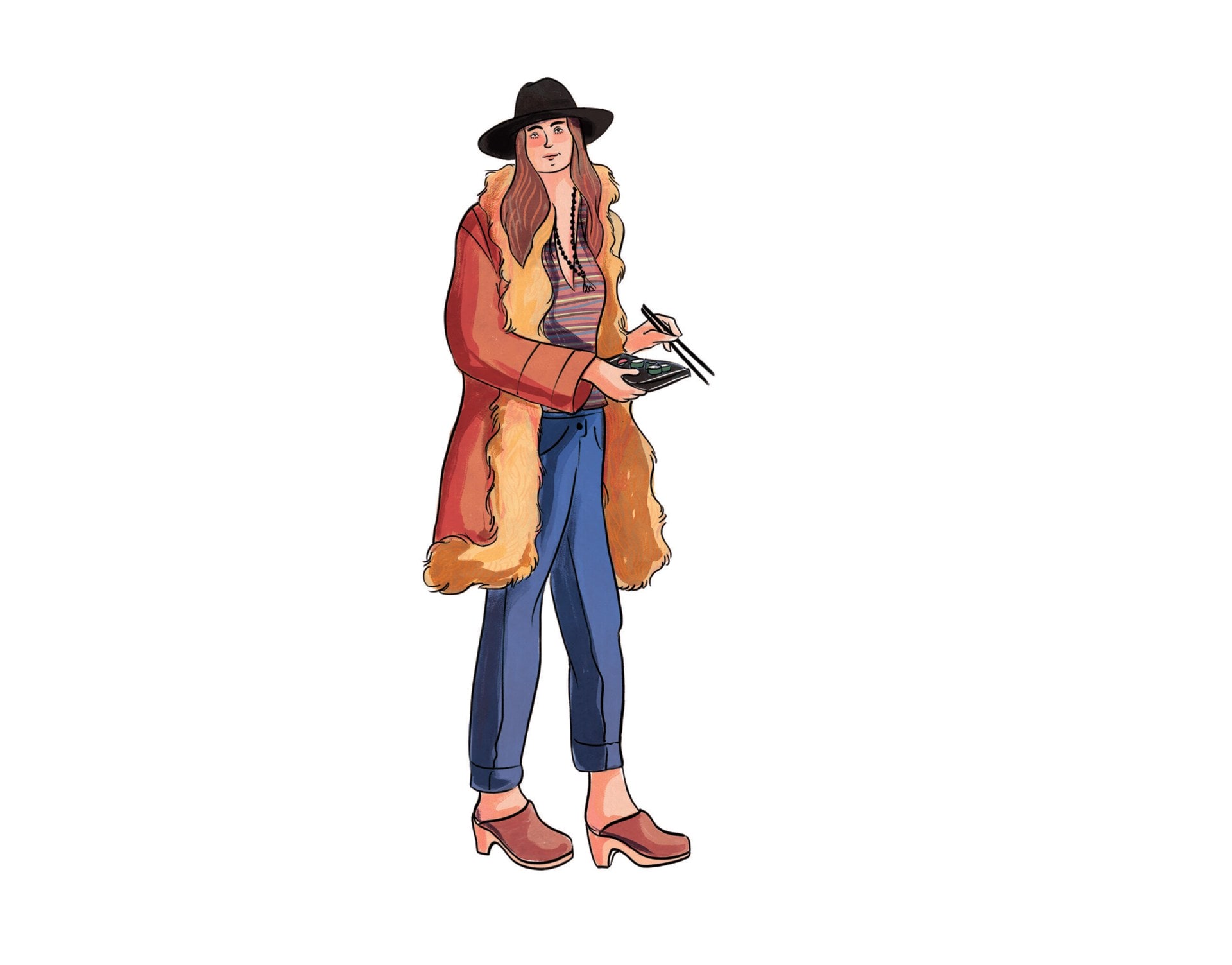 Illustration of a hippy woman wearing long coat and fedora 