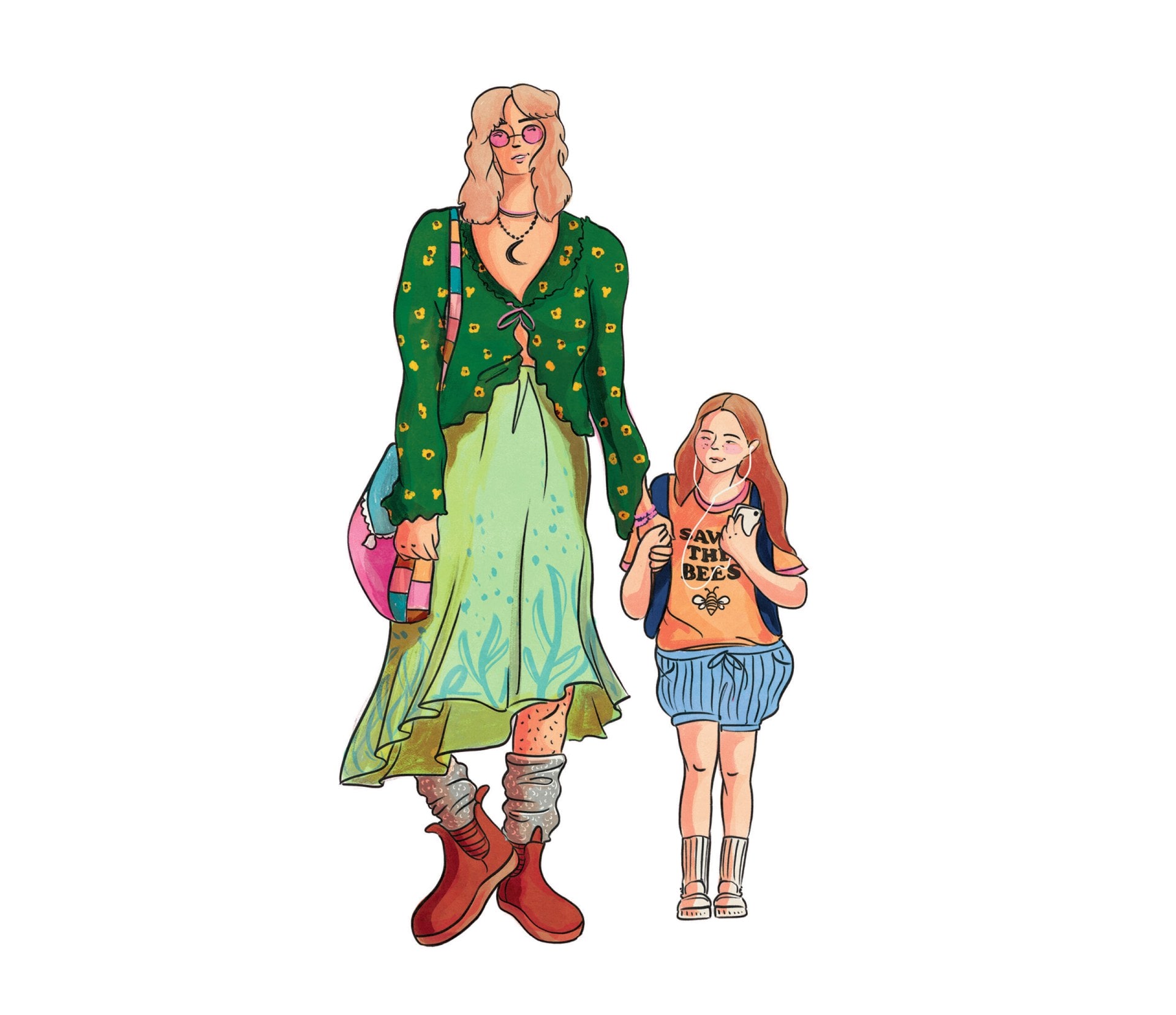 Illustration of a hippy woman wearing long dress and holding her child's hand