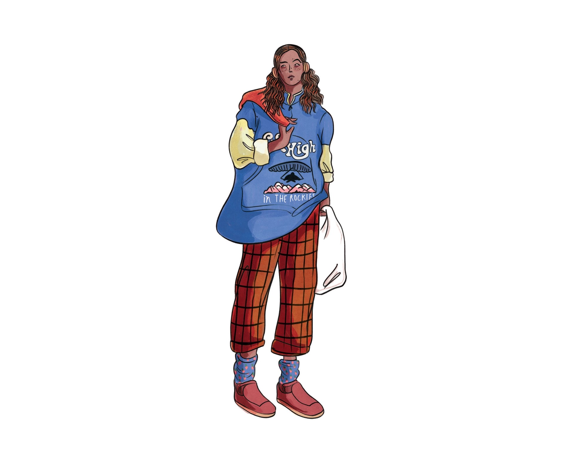 Illustration of a hippy woman dressed in oversize jumper and checkered pants 