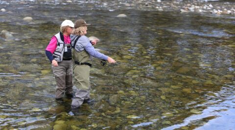 Two people fly fishing in a river