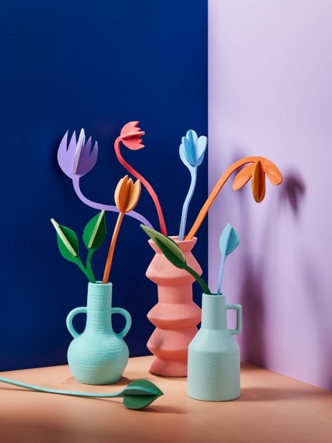 colourful vase of wooden flowers