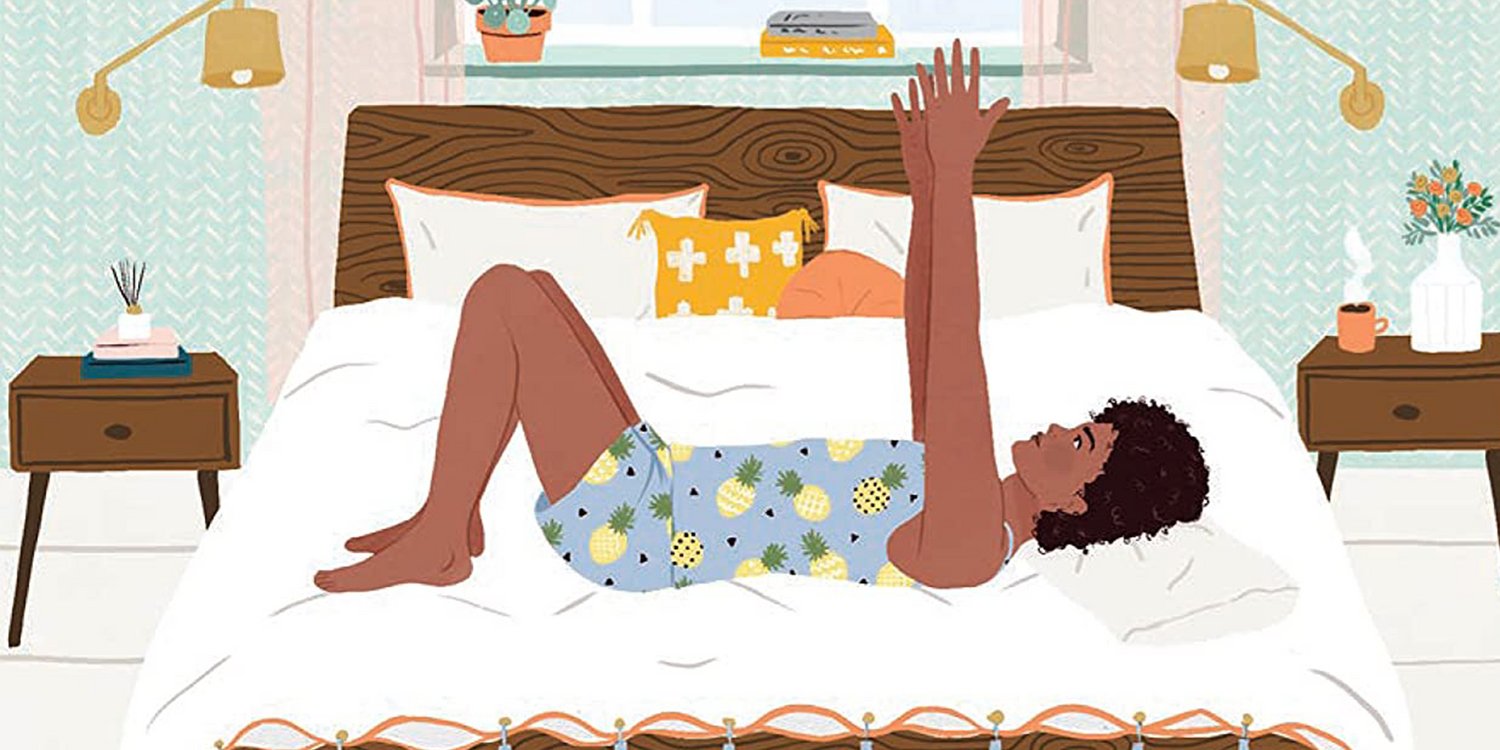 Illustration of a black woman on a bed in pineapple pyjamas doing an arm exercise