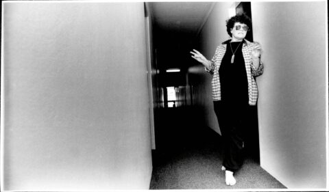 Keri Hulme in black and white.