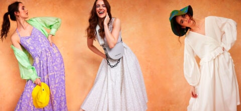 Model wearing three different summer outfits