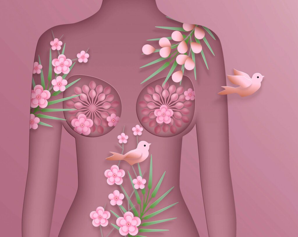 a pink illustration of a female body with flowers creating the detail