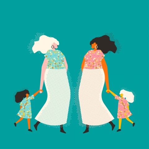 Illustration of two women holding hands with two children on a blue background