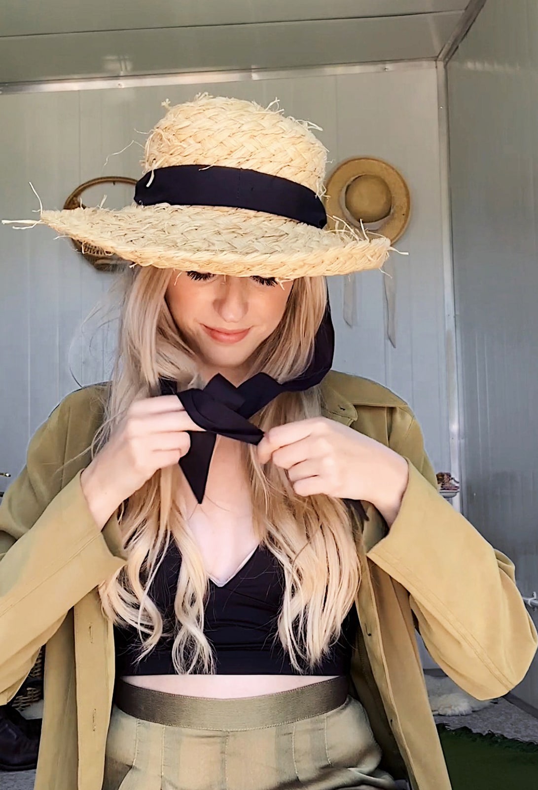 Model wearing Fruitbowl Vintage straw hat