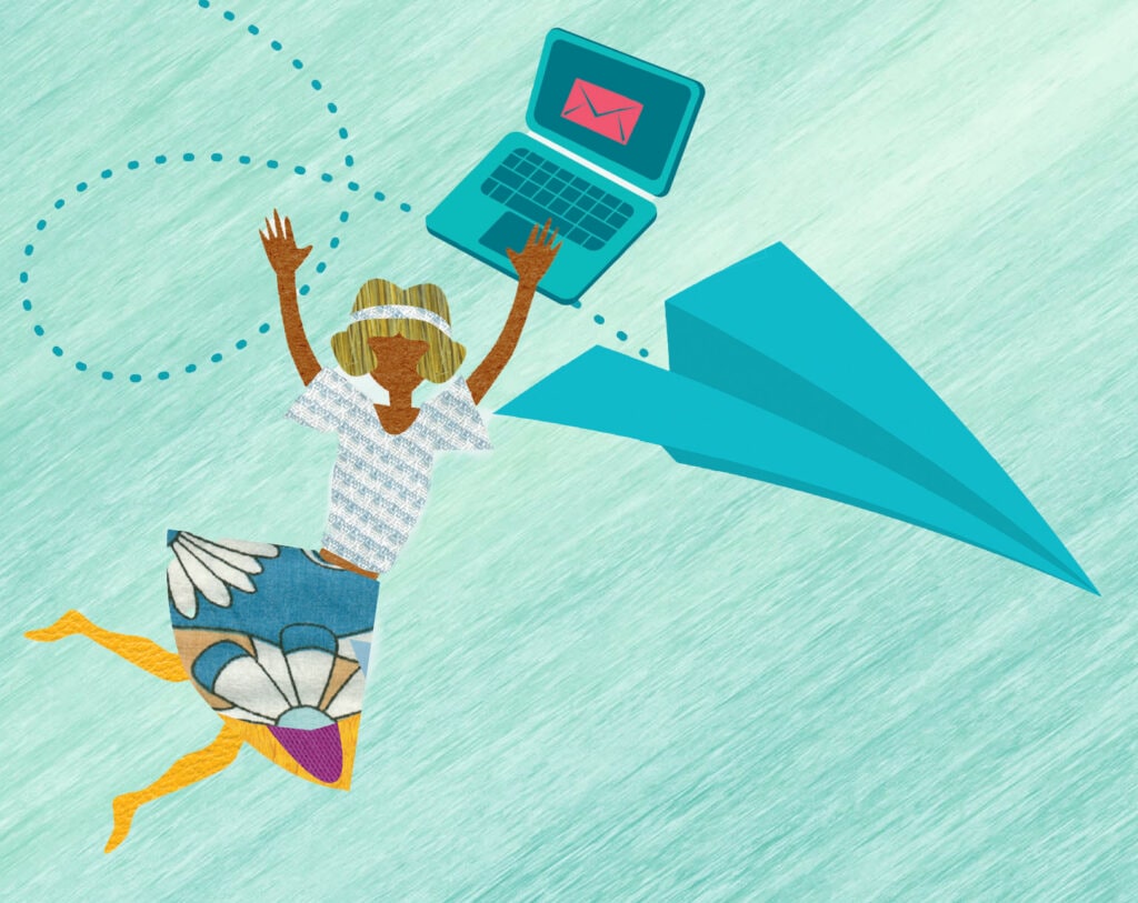 Illustration of woman flying in the air with a paper plane