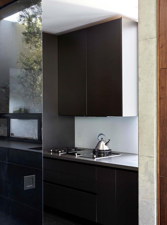 A black kitchen with shiny black shelves