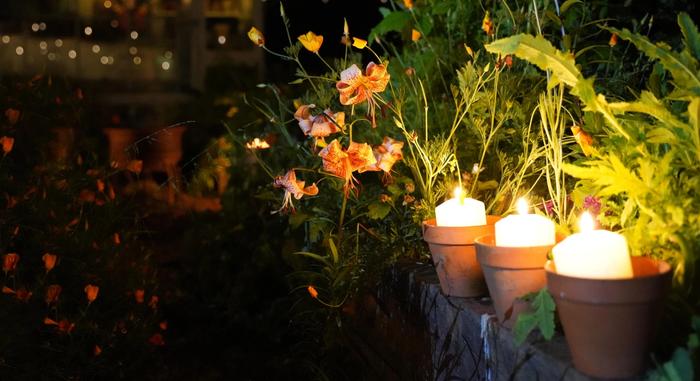 Candles in plant pots along a wall