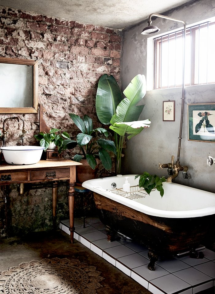Brown brick bathroom with vintage brown tub and plants